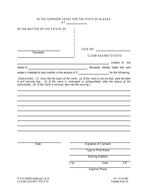 form-p-310-download-printable-pdf-or-fill-online-claim-against-estate