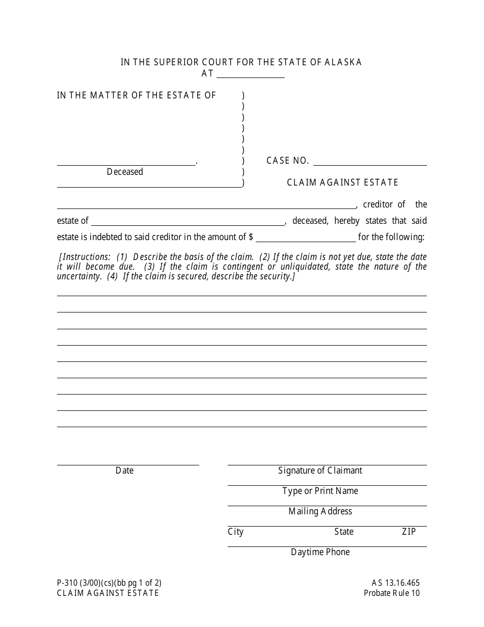 Form P-310 Claim Against Estate - Alaska, Page 1