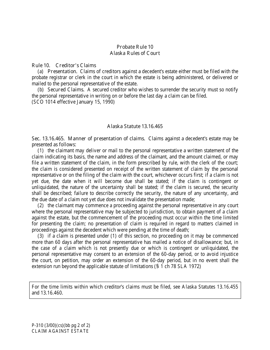 Form P-310 Claim Against Estate - Alaska, Page 2