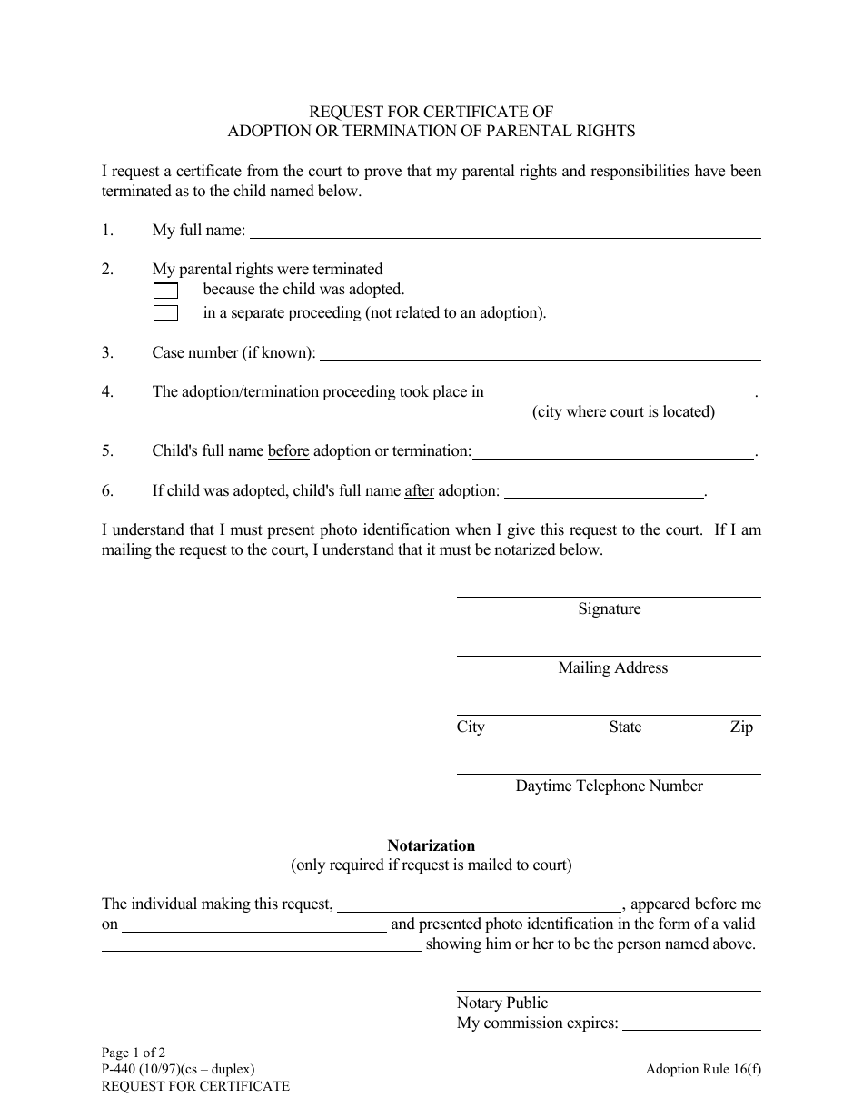 Form P-440 Request for Certificate of Adoption or Termination of Parental Rights - Alaska, Page 1