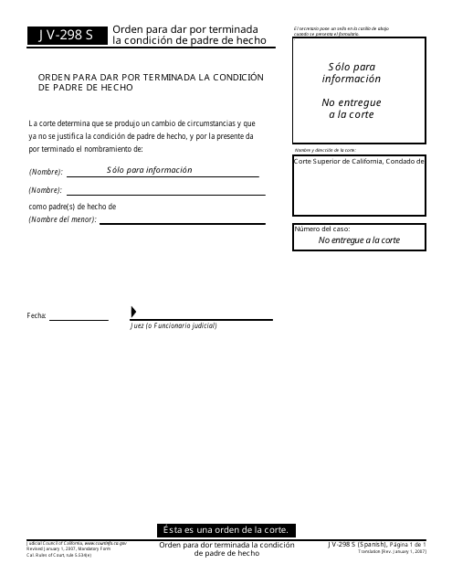Formulario JV-298 S Orden Para Dar Por Terminada La Condicion De Padre De Hecho - California (Spanish)