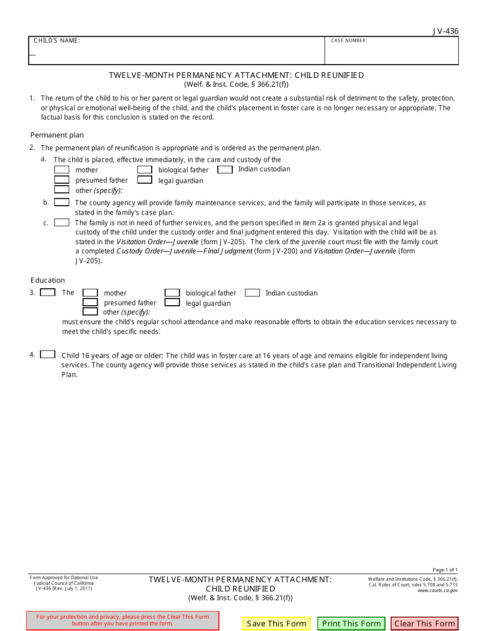 Form JV-436 - Fill Out, Sign Online and Download Fillable PDF ...