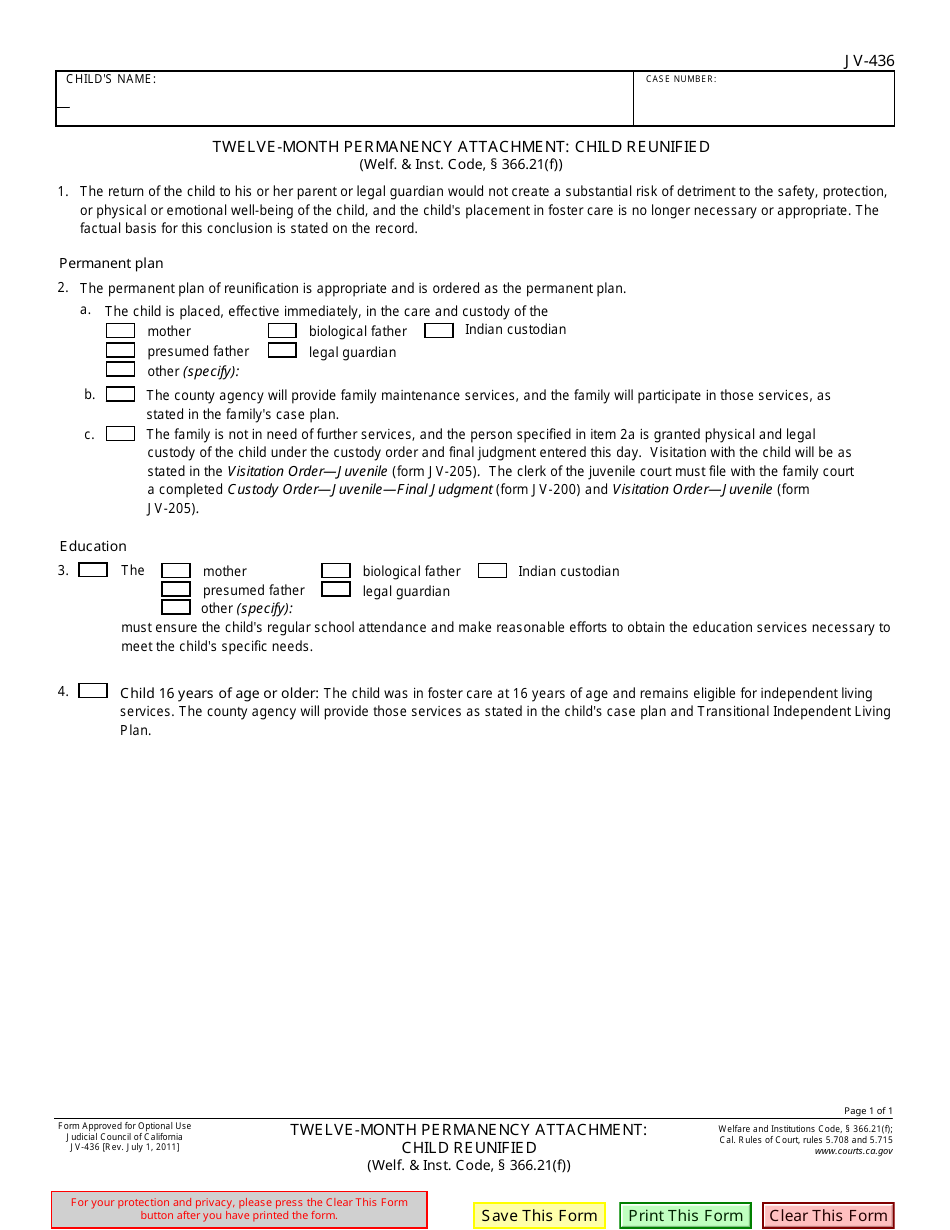 Form JV-436 Twelve-Month Permanency Attachment: Child Reunified (Welf.  Inst. Code, 366.21(F)) - California, Page 1