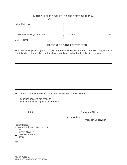 Form DL-166 Request to Order Restitution - Alaska