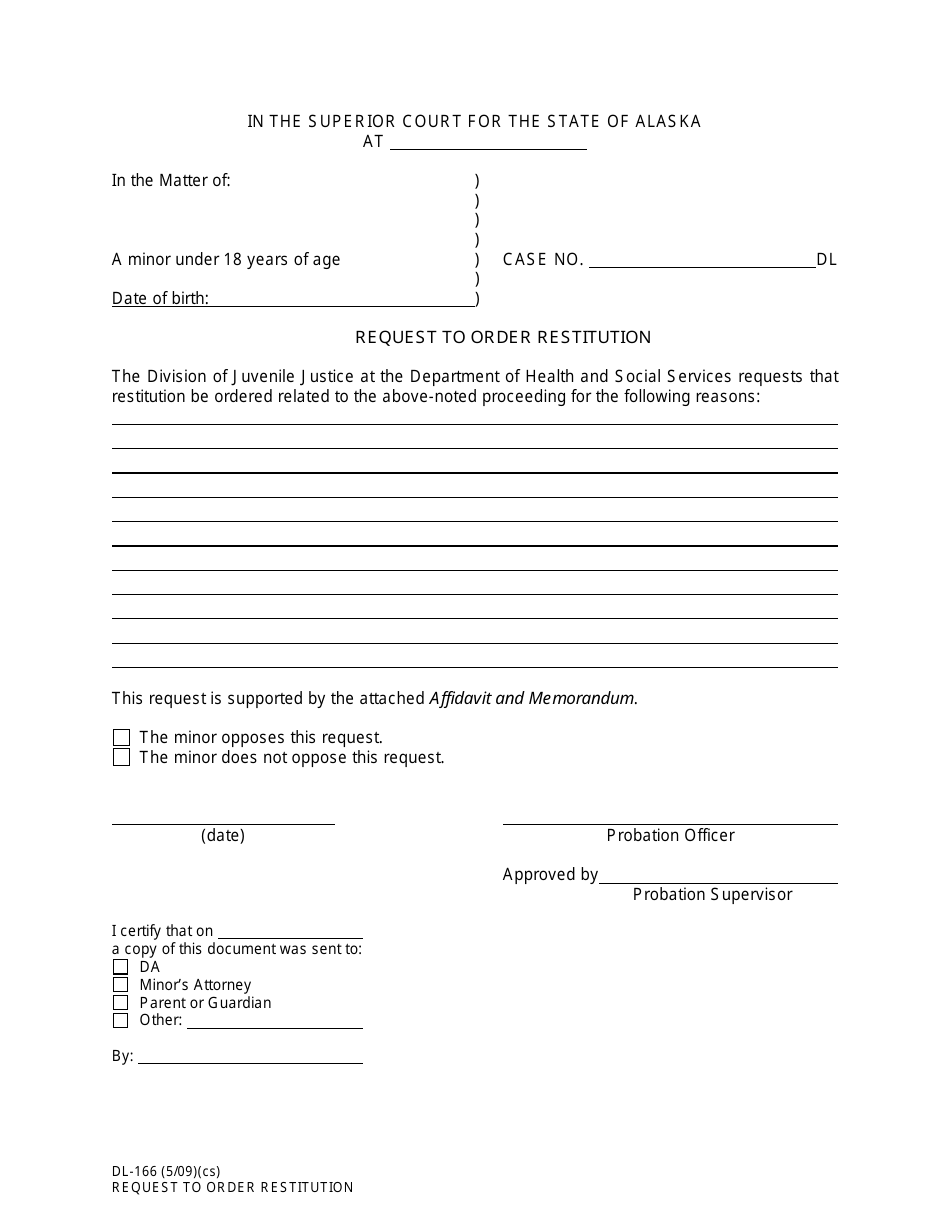 Form DL-166 Request to Order Restitution - Alaska, Page 1
