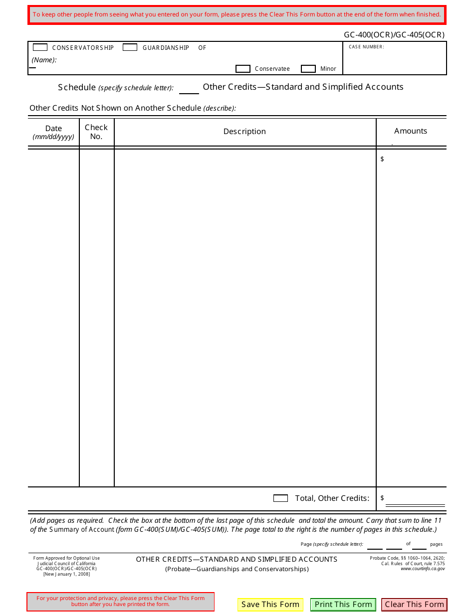 Form GC-400(OCR) (GC-405(OCR)) Other Credits - Standard and Simplified Accounts - California, Page 1