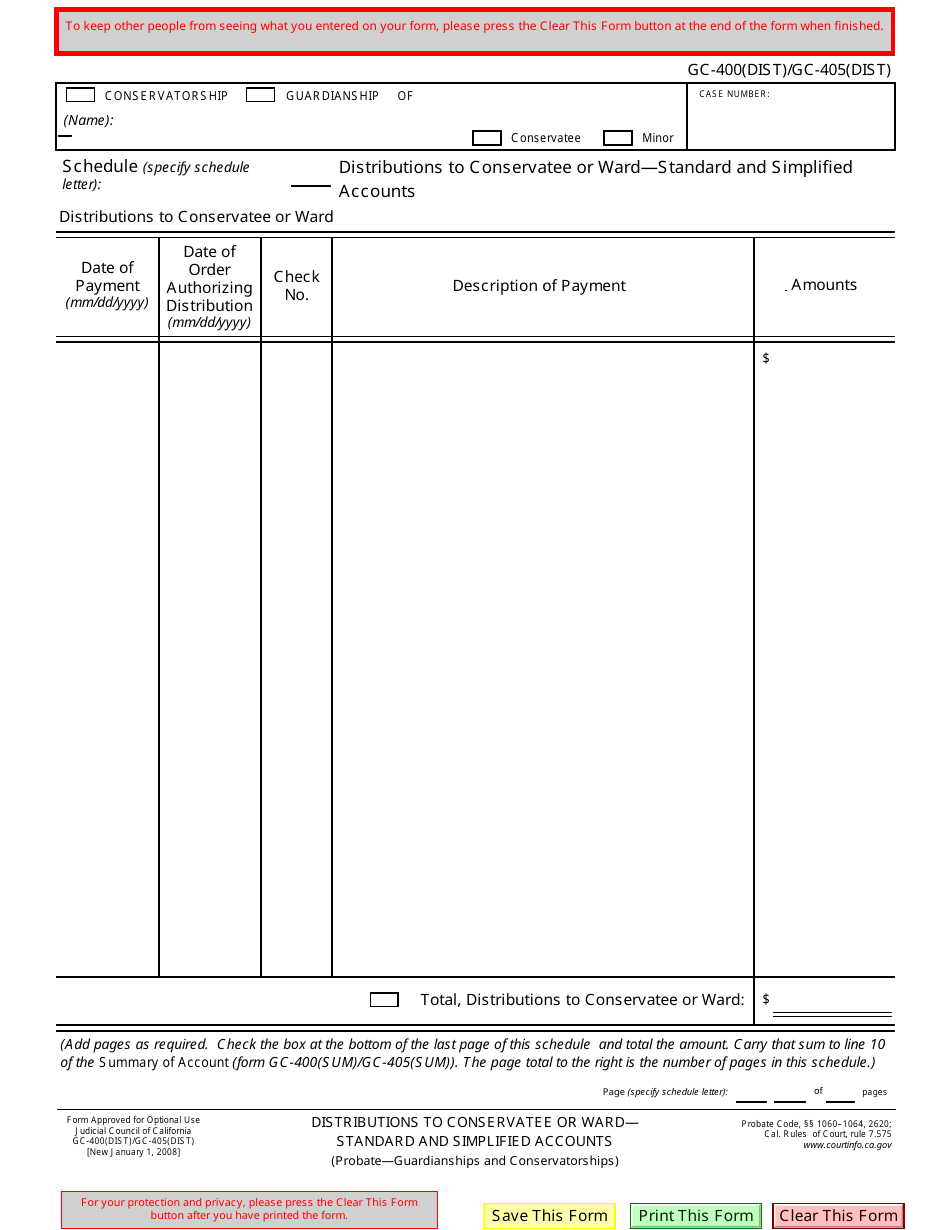 Form GC-400(DIST) (GC-405(DIST)) Distributions to Conservatee or Ward - Standard and Simplified Accounts - California, Page 1