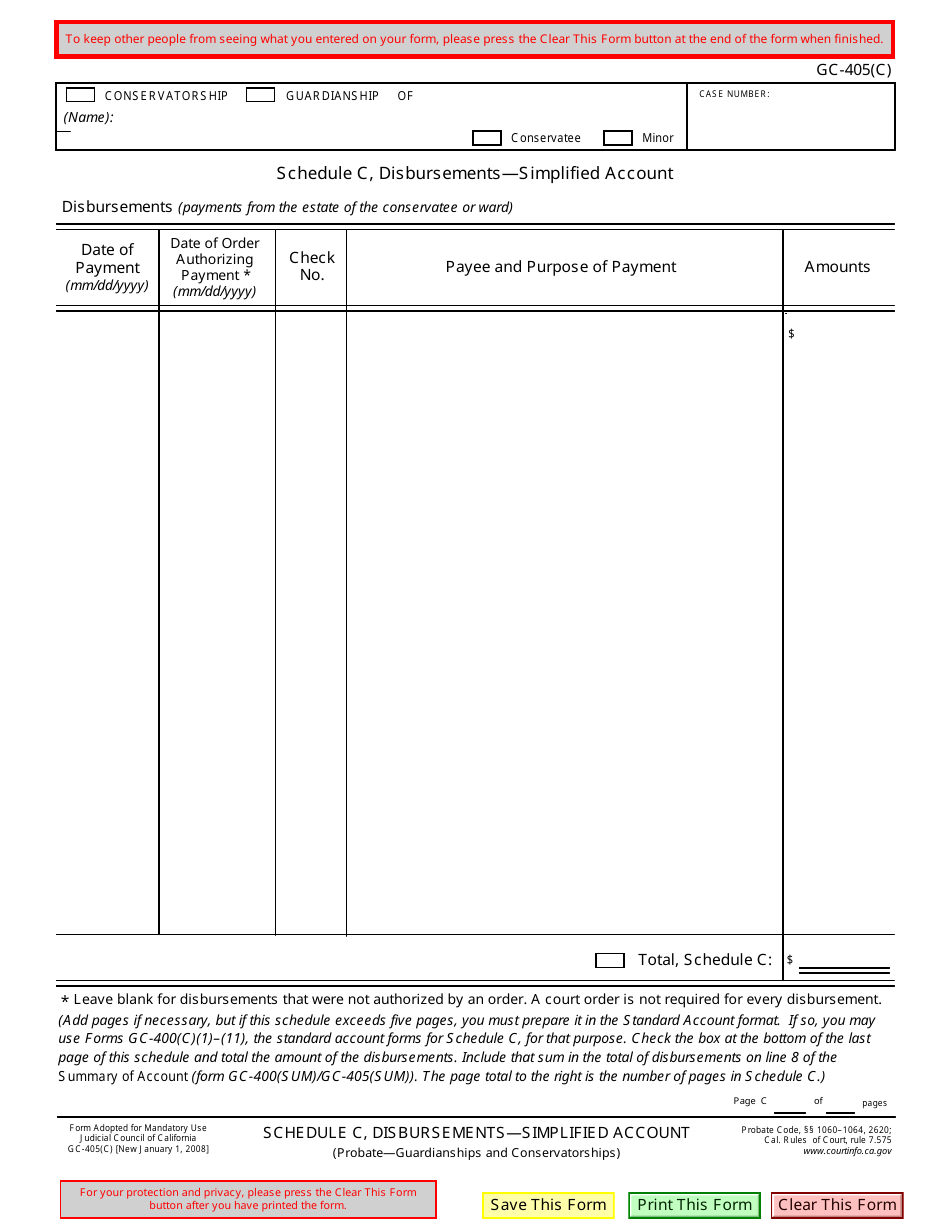 Form GC-405(C) Schedule C Disbursements - Simplified Account - California, Page 1
