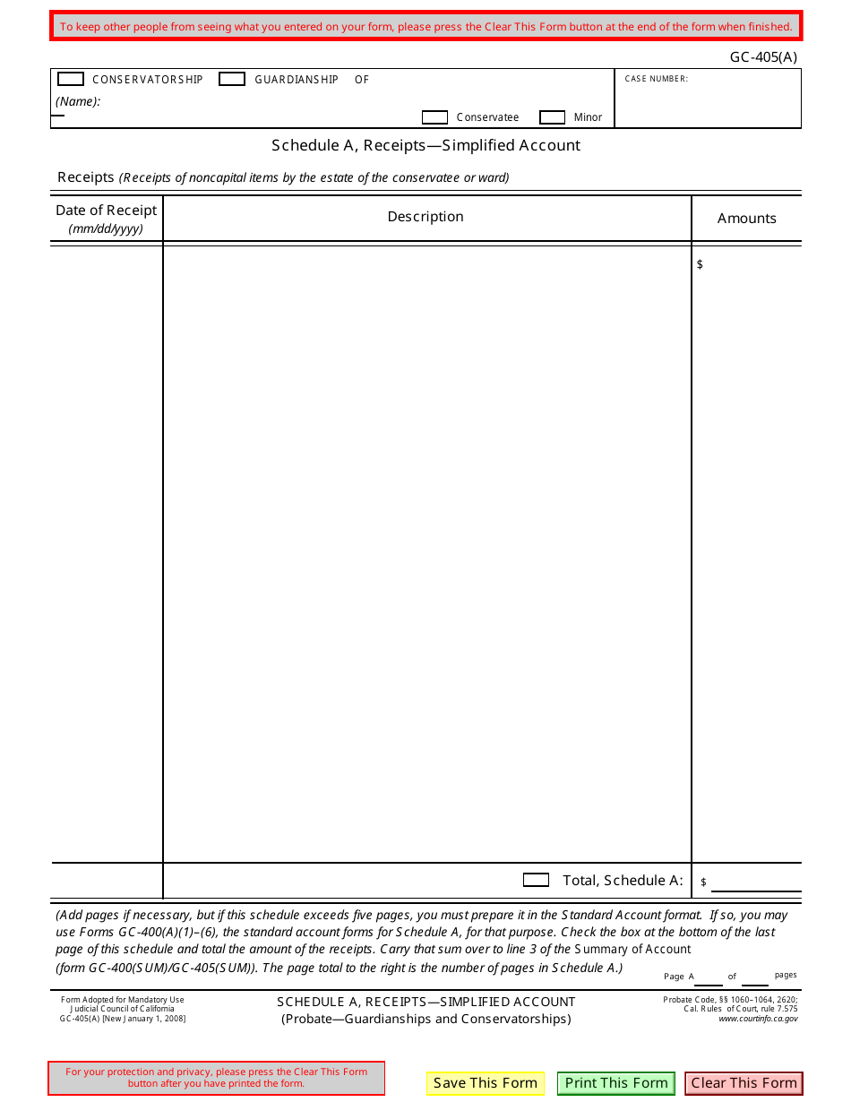 Form GC-405(A) Schedule A Receipts - Simplified Account - California, Page 1