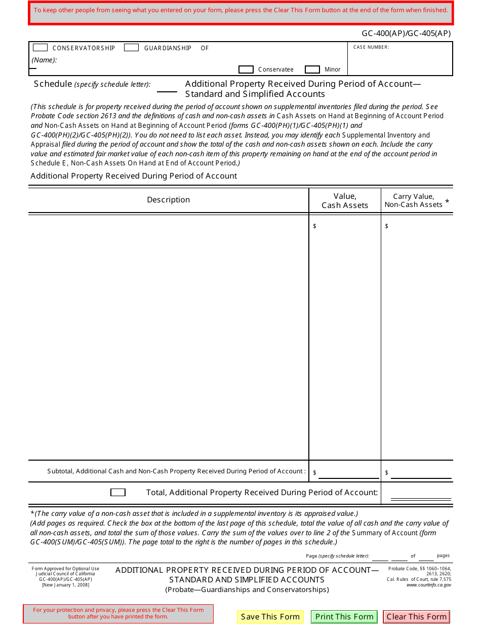 Form GC-400(AP) (GC-405(AP)) Additional Property Received During Period of Account - Standard and Simplified Accounts - California, Page 1