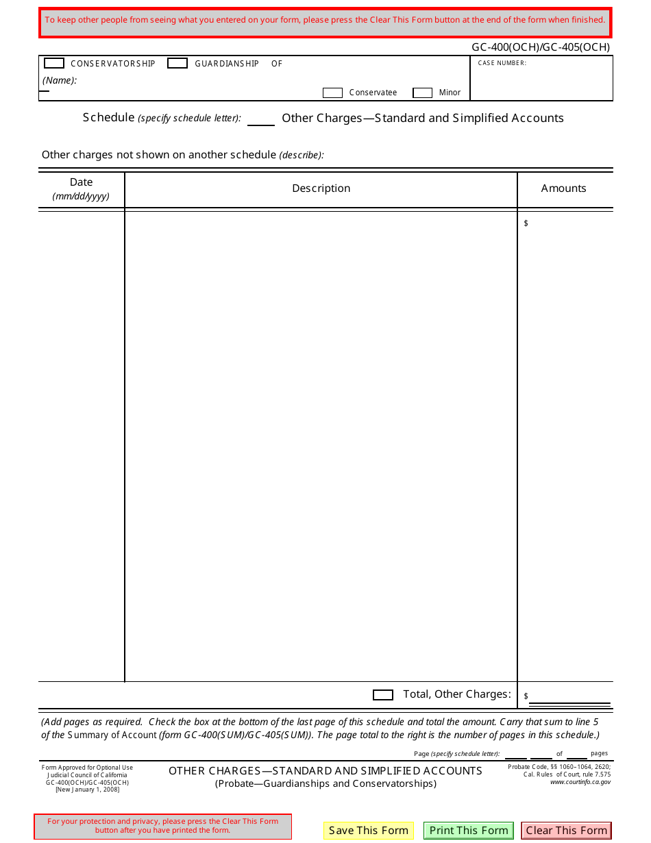 Form GC-400(OCH) (GC-405(OCH)) Other Charges - Standard and Simplified Accounts - California, Page 1