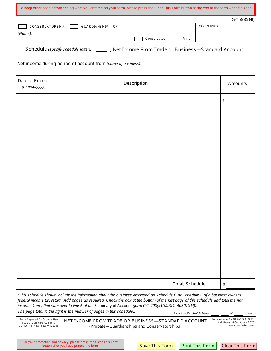 Form GC-400(NI) Net Income From a Trade or Business - Standard Account - California, Page 1