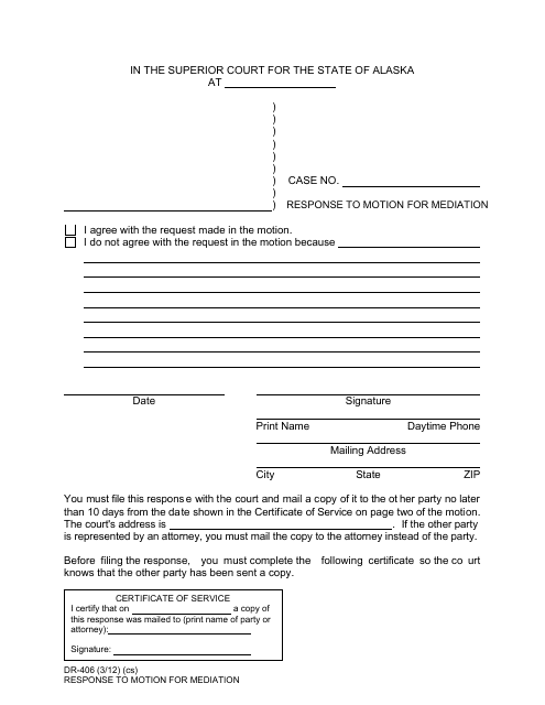Form DR-406 Response to Motion for Mediation - Alaska