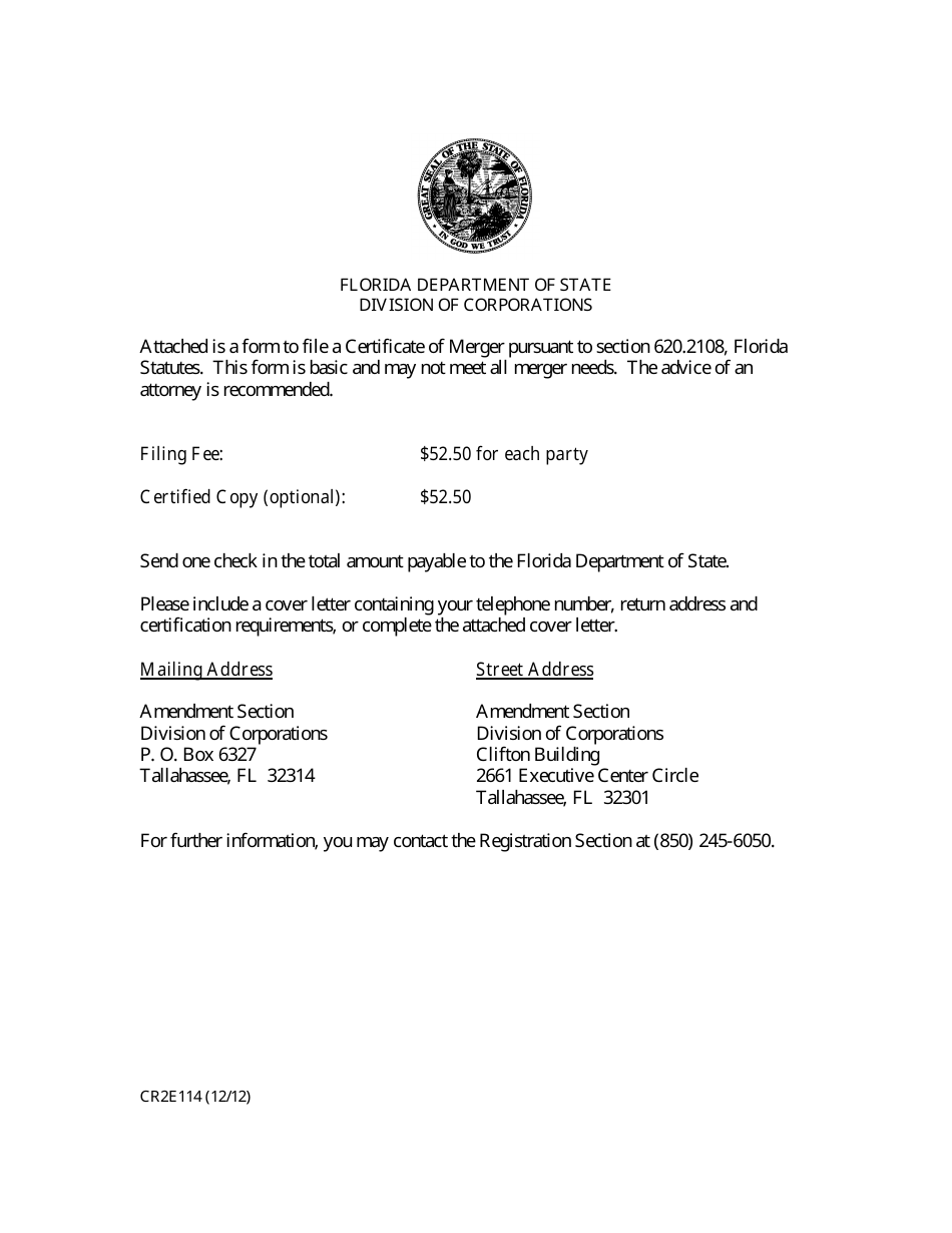 Form CR2E114 Certificate of Merger for Florida Limited Partnership or Limited Liability Limited Partnership - Florida, Page 1