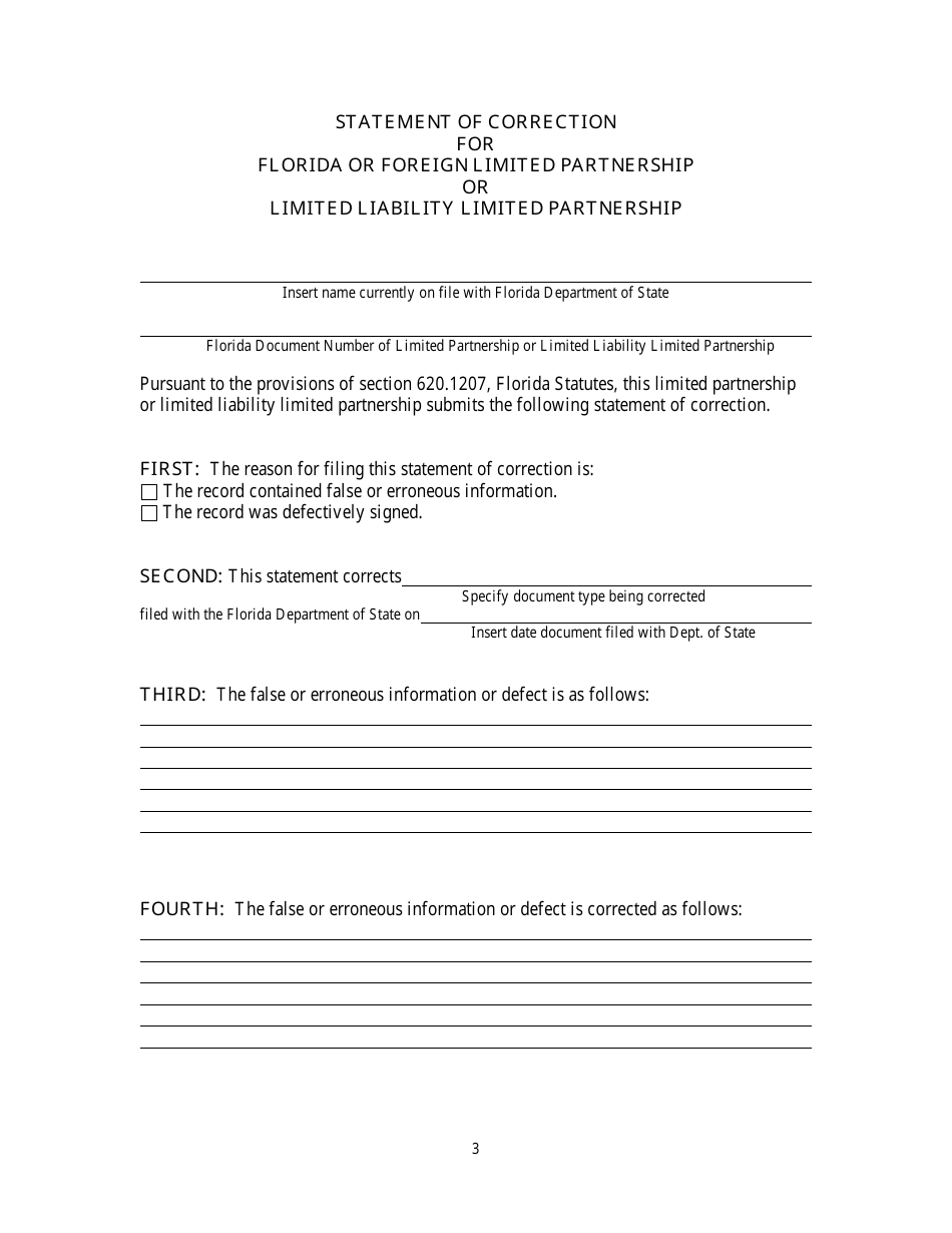 Form CR2E119 Statement of Correction for Florida or Foreign Limited Partnership or Limited Liability Limited Partnership - Florida, Page 3