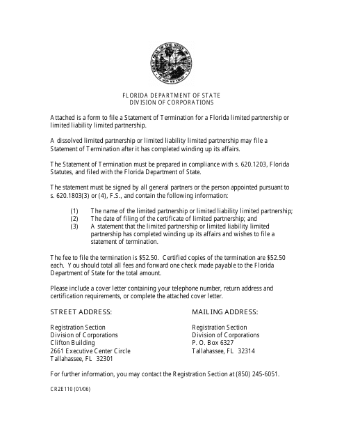 Form CR2E110 Statement of Termination for Florida Lp or Lllp - Florida