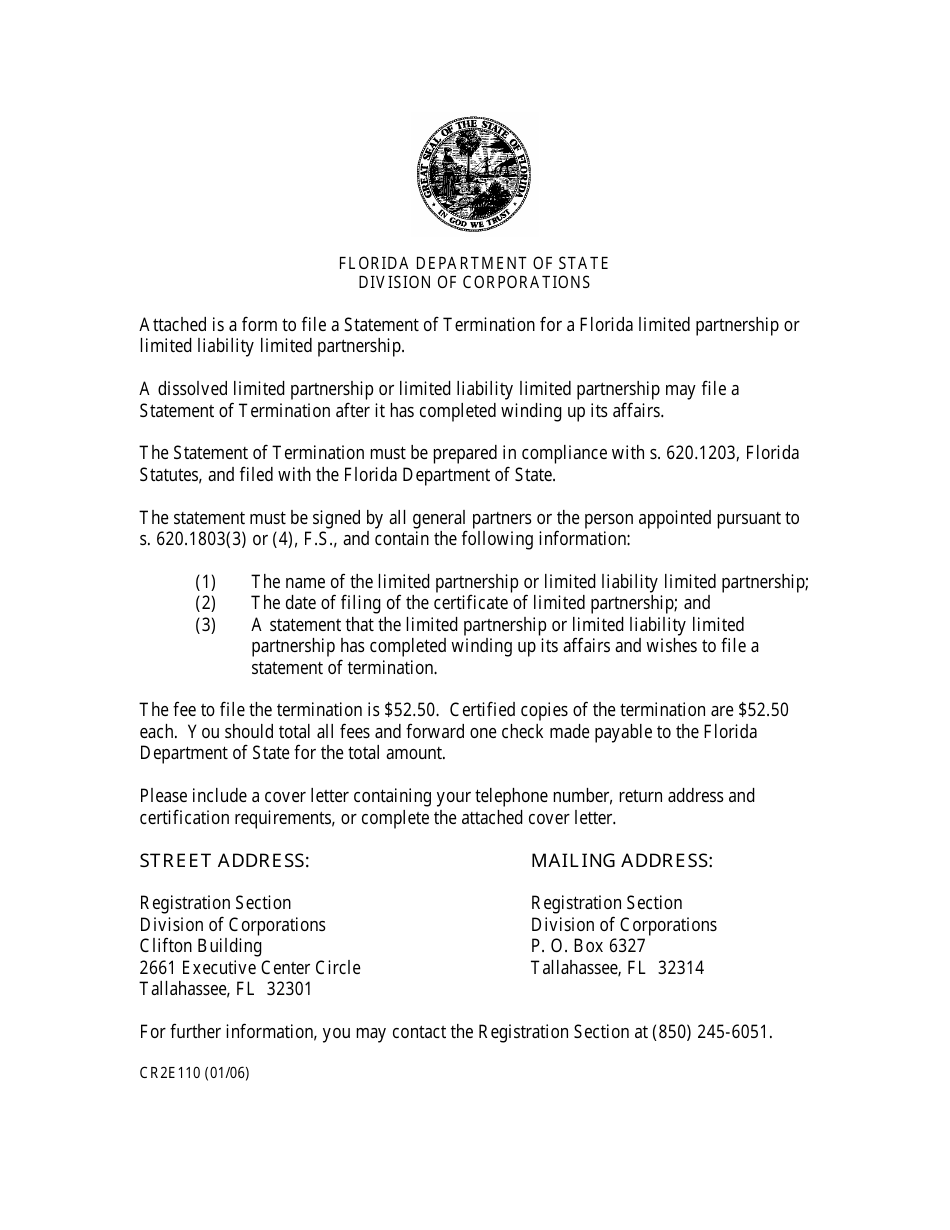 Form CR2E110 Statement of Termination for Florida Lp or Lllp - Florida, Page 1