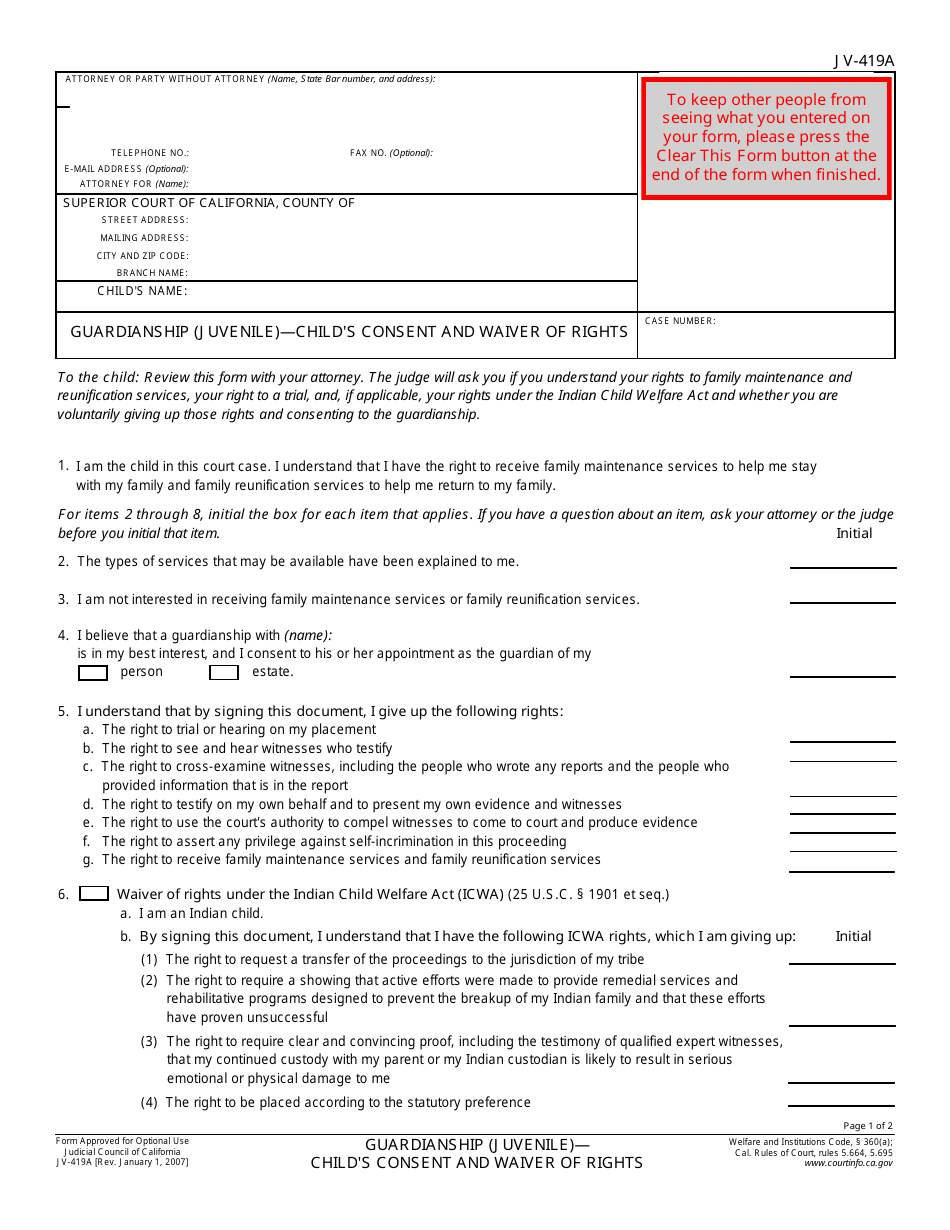 Form JV-419A Guardianship (Juvenile) - Childs Consent and Waiver of Rights - California, Page 1