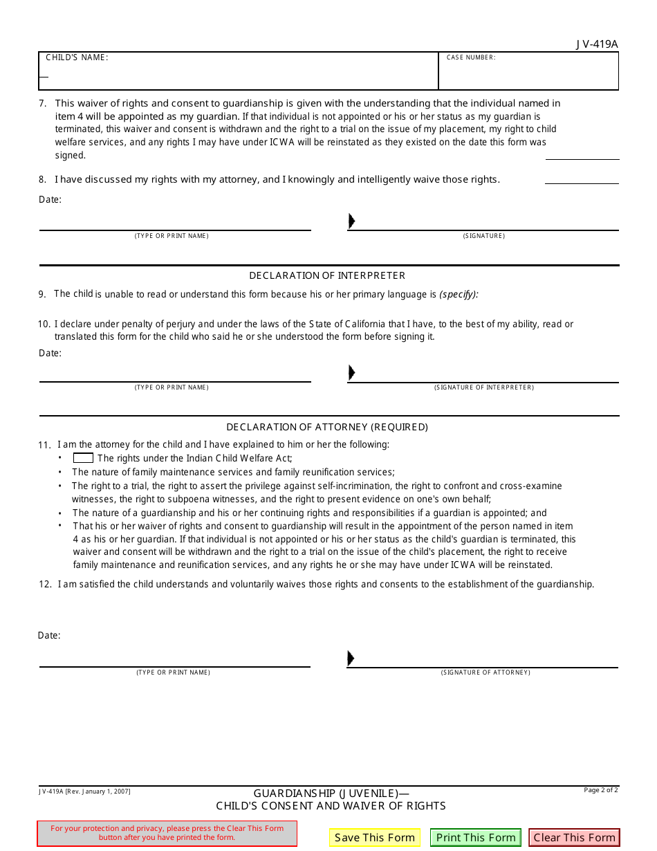 Form JV-419A Guardianship (Juvenile) - Childs Consent and Waiver of Rights - California, Page 2