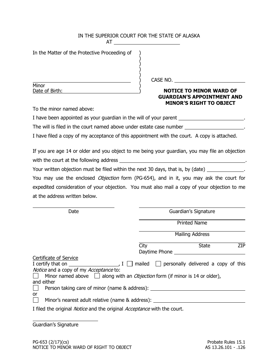 Form PG-653 Notice to Minor Ward of Guardians Appointment and Minors Right to Object - Alaska, Page 1