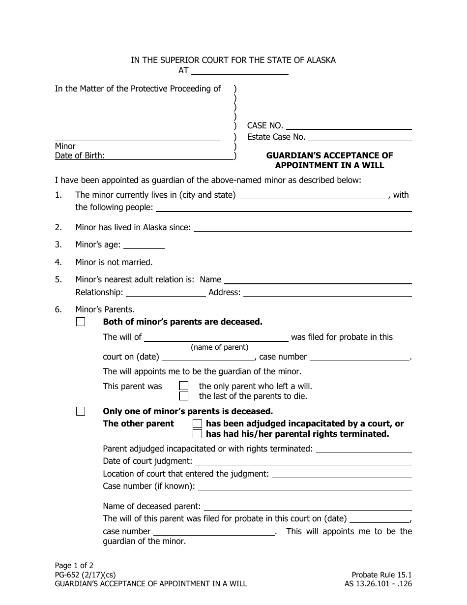 Form PG-652 Guardians Acceptance of Appointment in a Will - Alaska, Page 1