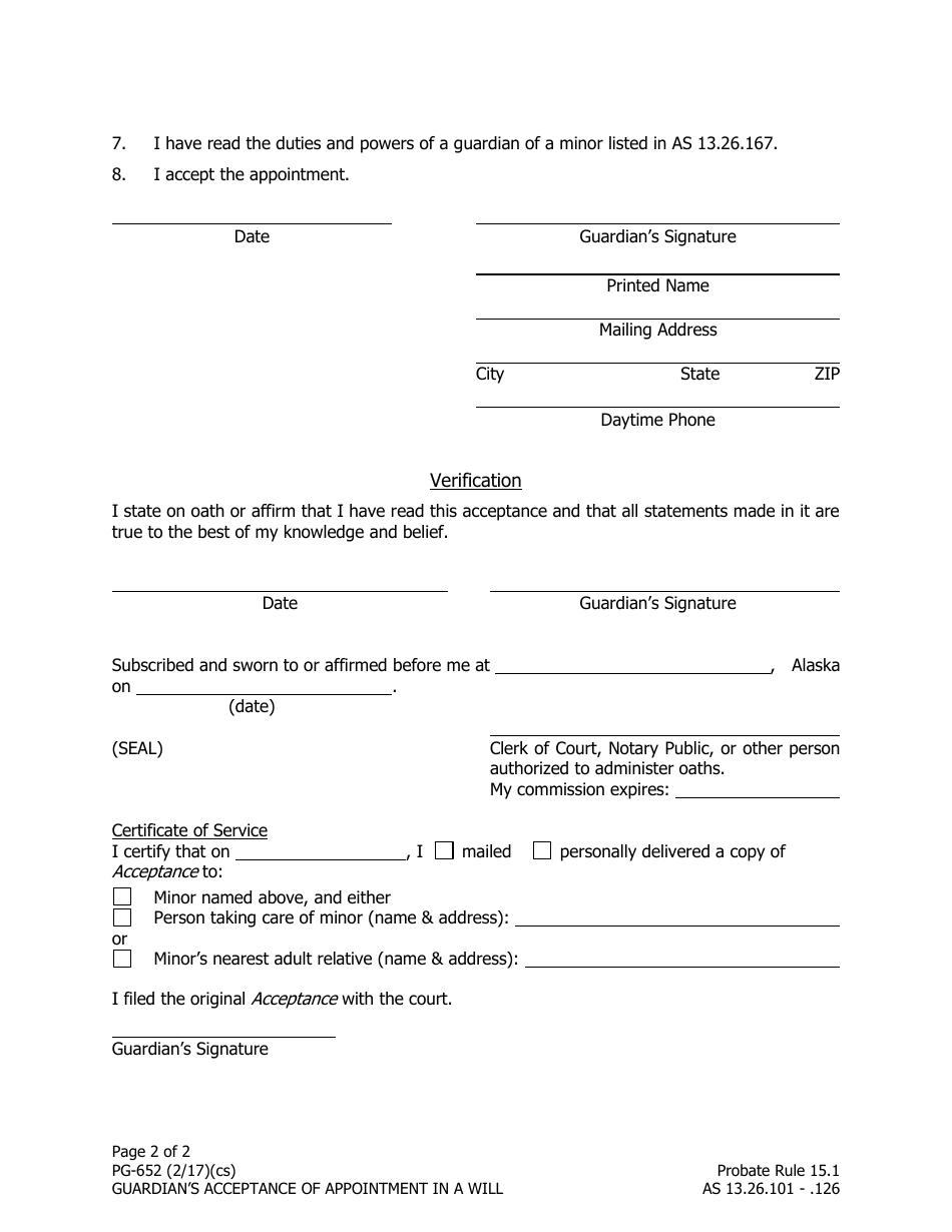 Form PG-652 Guardians Acceptance of Appointment in a Will - Alaska, Page 2