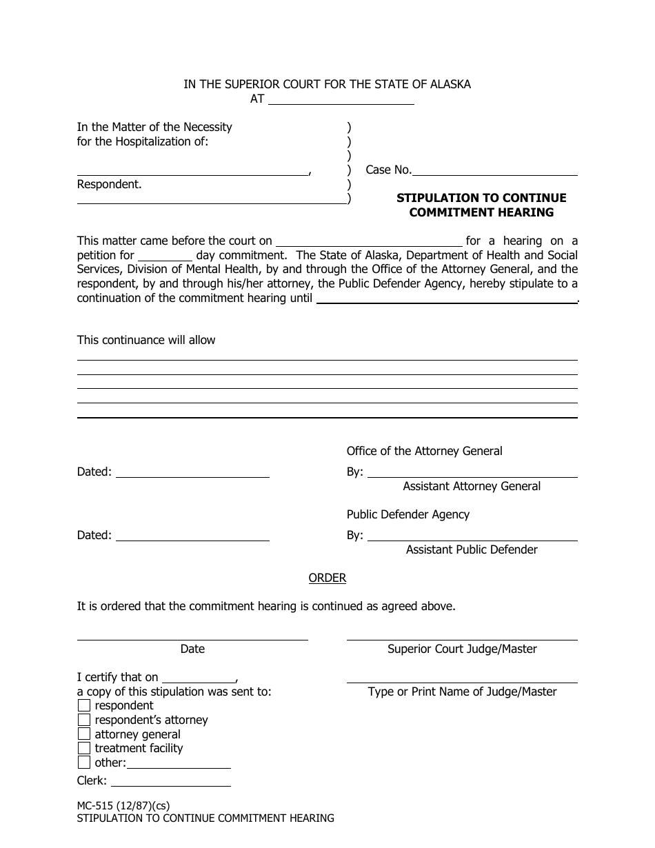 Form MC-515 Stipulation to Continue Commitment Hearing - Alaska, Page 1