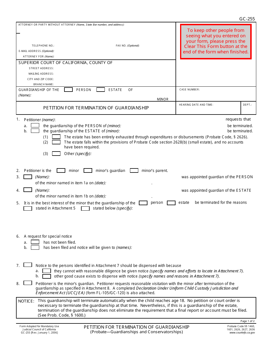 Form GC-255 Petition for Termination of Guardianship - California, Page 1