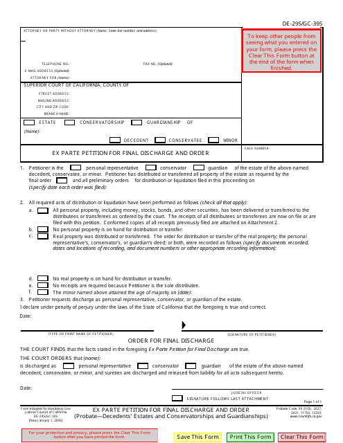 Form DE-295 (GC-395) Ex Parte Petition for Final Discharge and Order - California