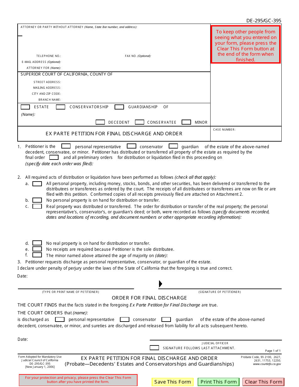 Form DE-295 (GC-395) Ex Parte Petition for Final Discharge and Order - California, Page 1