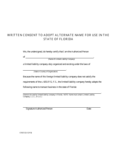 Form CR2E122 Written Consent to Adopt Alternate Name for Use in the State of Florida - Florida