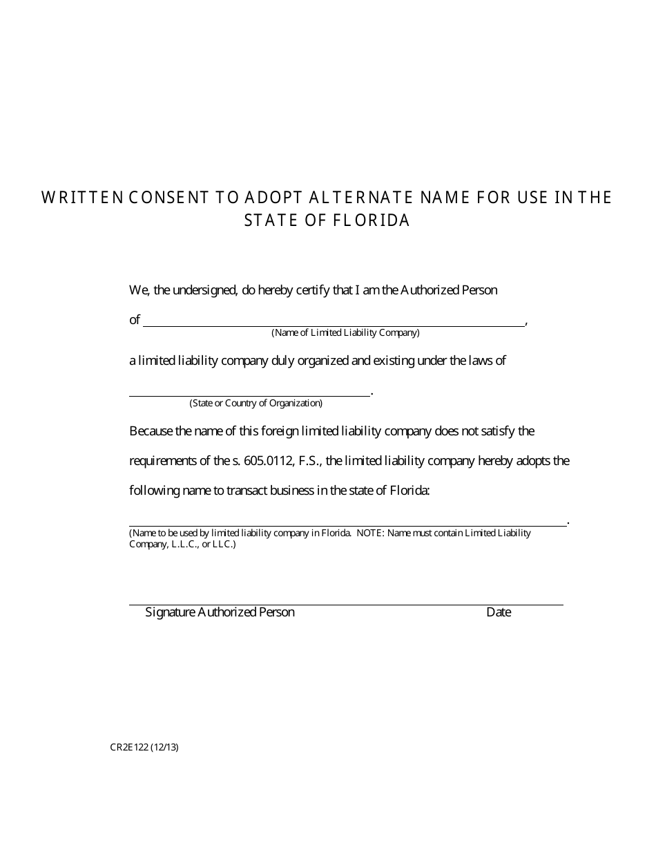 Form CR2E122 Written Consent to Adopt Alternate Name for Use in the State of Florida - Florida, Page 1