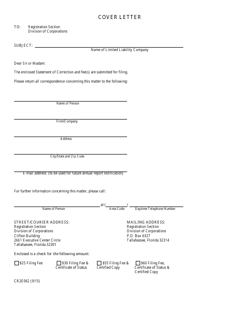 Form CR2E062 Statement of Correction for Florida or Foreign Limited Liability Company - Florida
