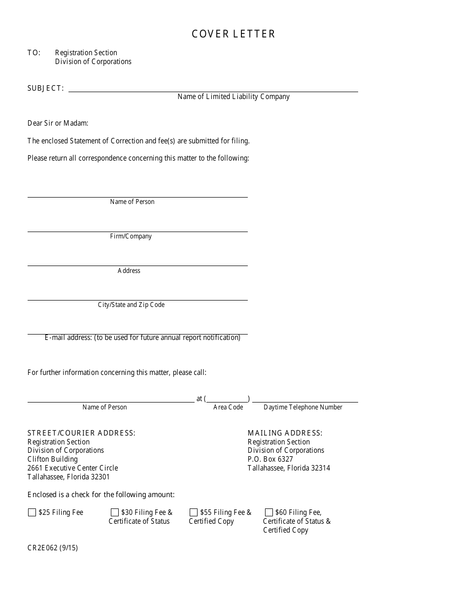 Form CR2E062 Statement of Correction for Florida or Foreign Limited Liability Company - Florida, Page 1