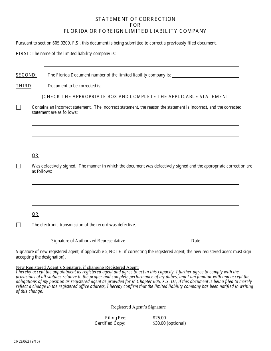 Form Cr2e062 Download Fillable Pdf Or Fill Online Statement Of Correction For Florida Or Foreign 8433