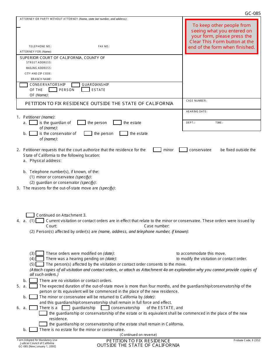 Form GC-085 Petition to Fix Residence Outside the State of California - California, Page 1