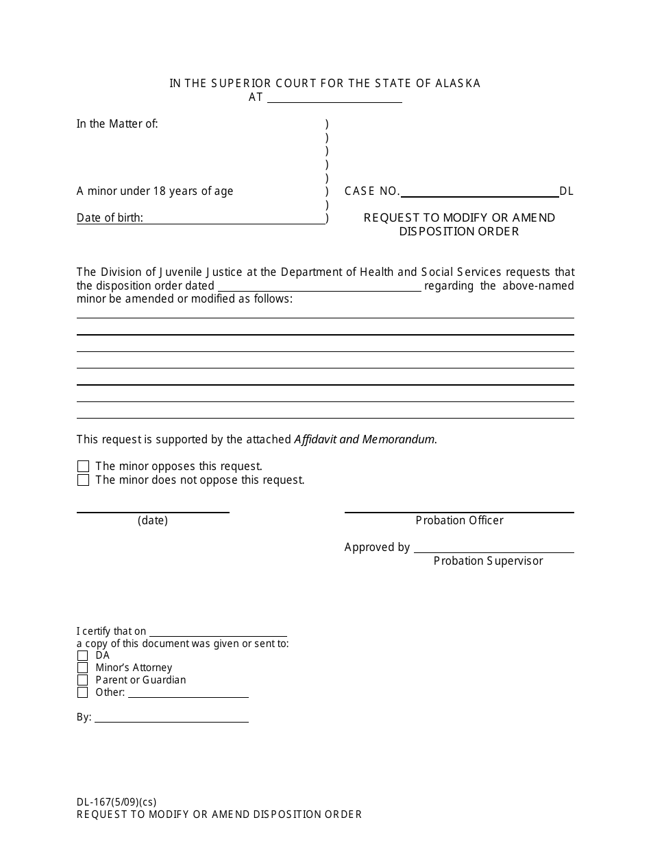 Form DL-167 Request to Modify or Amend Disposition Order - Alaska, Page 1