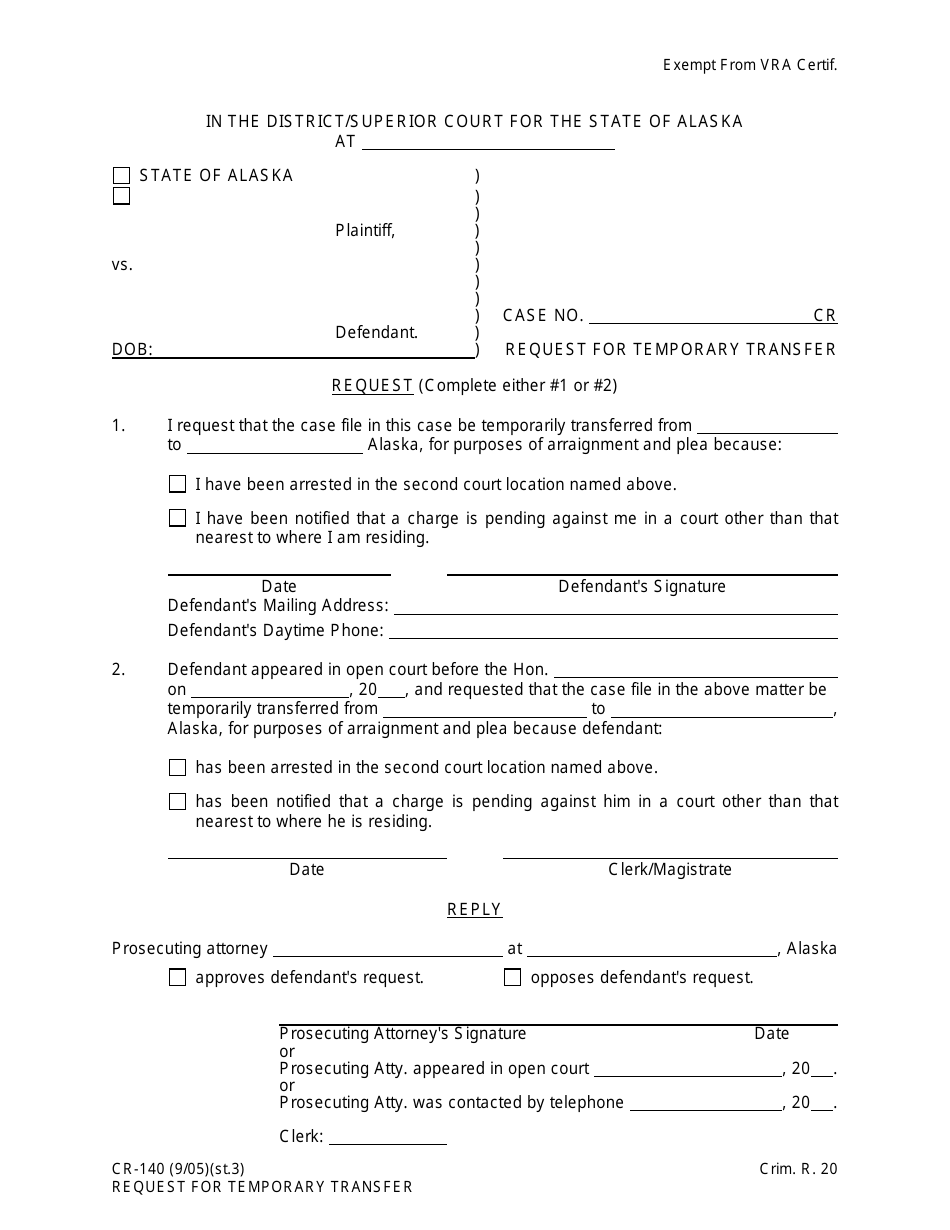 Form CR-140 Request for Temporary Transfer - Alaska, Page 1