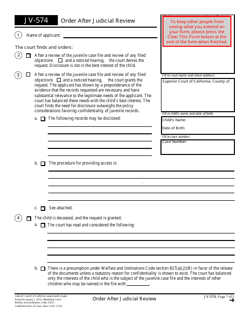 Form JV-574  Printable Pdf