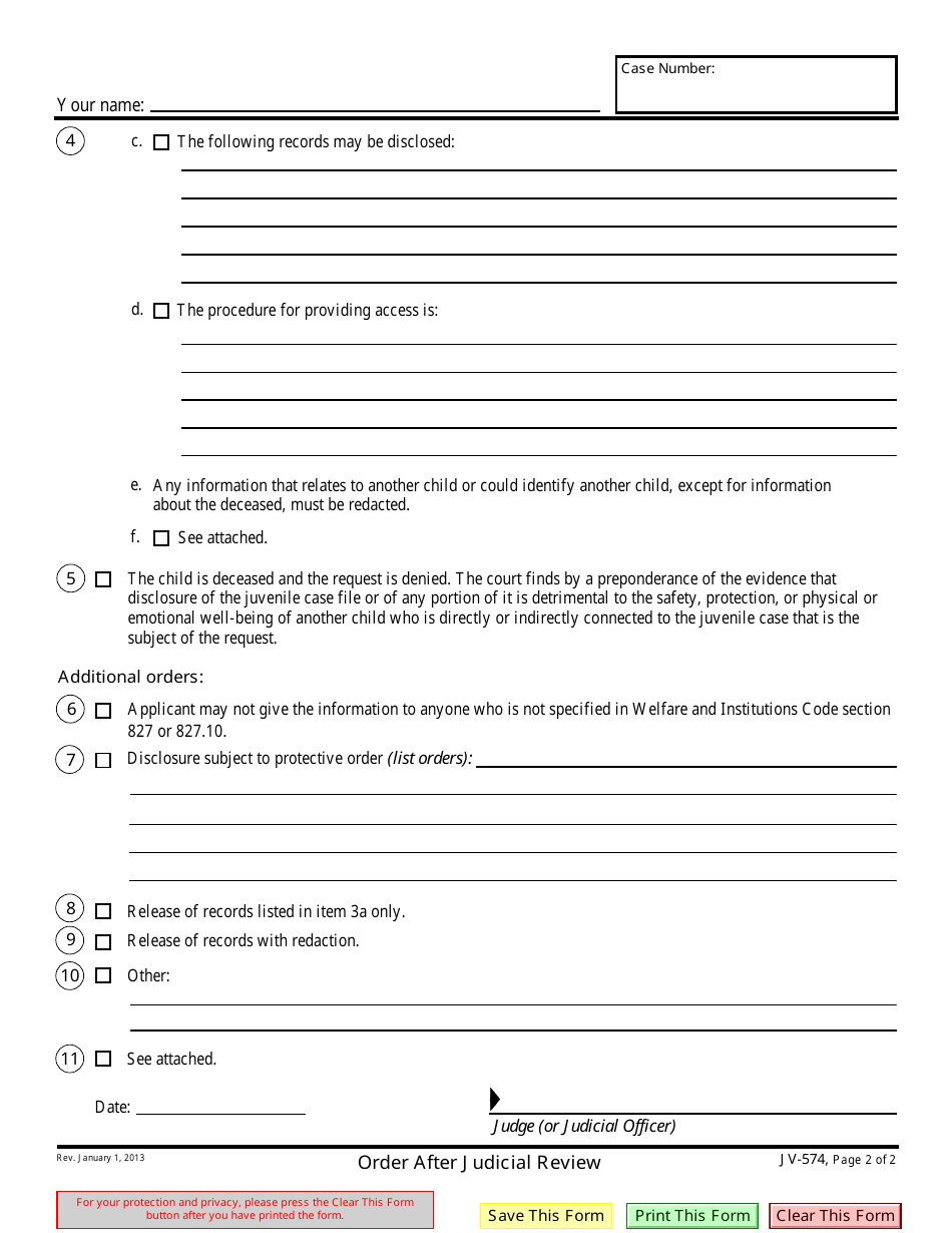 Form JV-574 Order After Judicial Review - California, Page 2