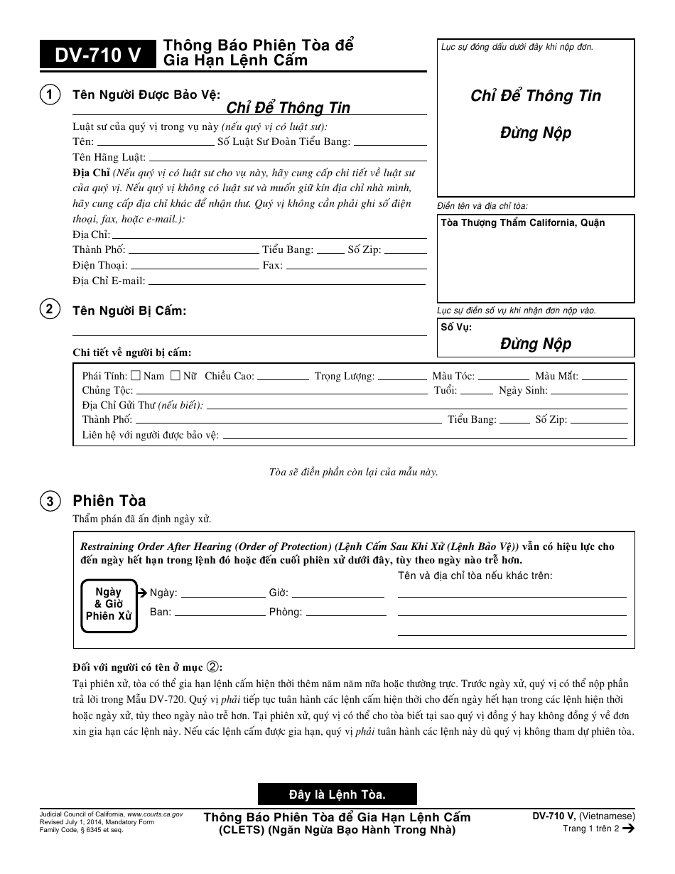 Form DV-710 V Notice of Hearing to Renew Restraining Order - California (Vietnamese), Page 1