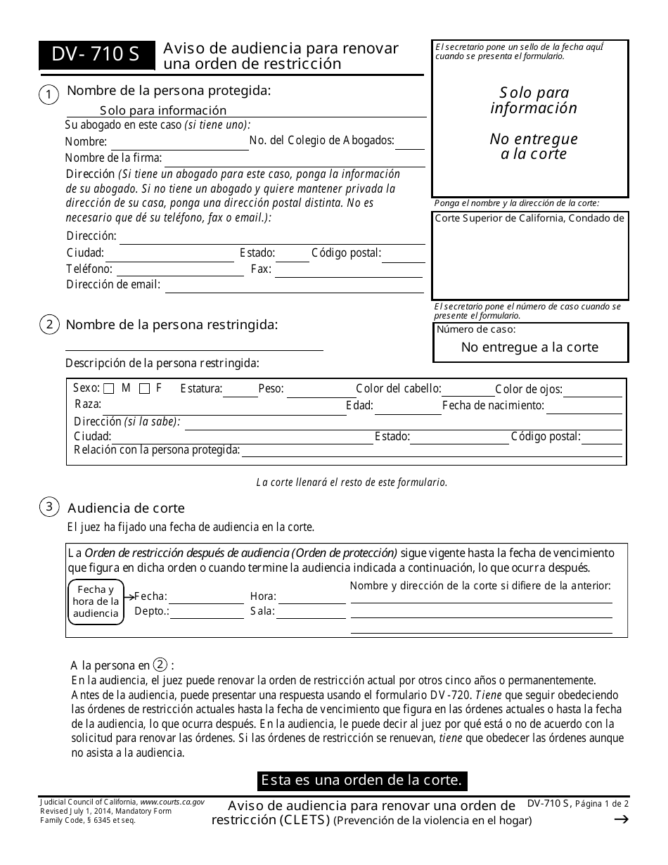 Formulario DV-710 S Aviso De Audiencia Para Renovar Una Orden De Restriccion - California (Spanish), Page 1