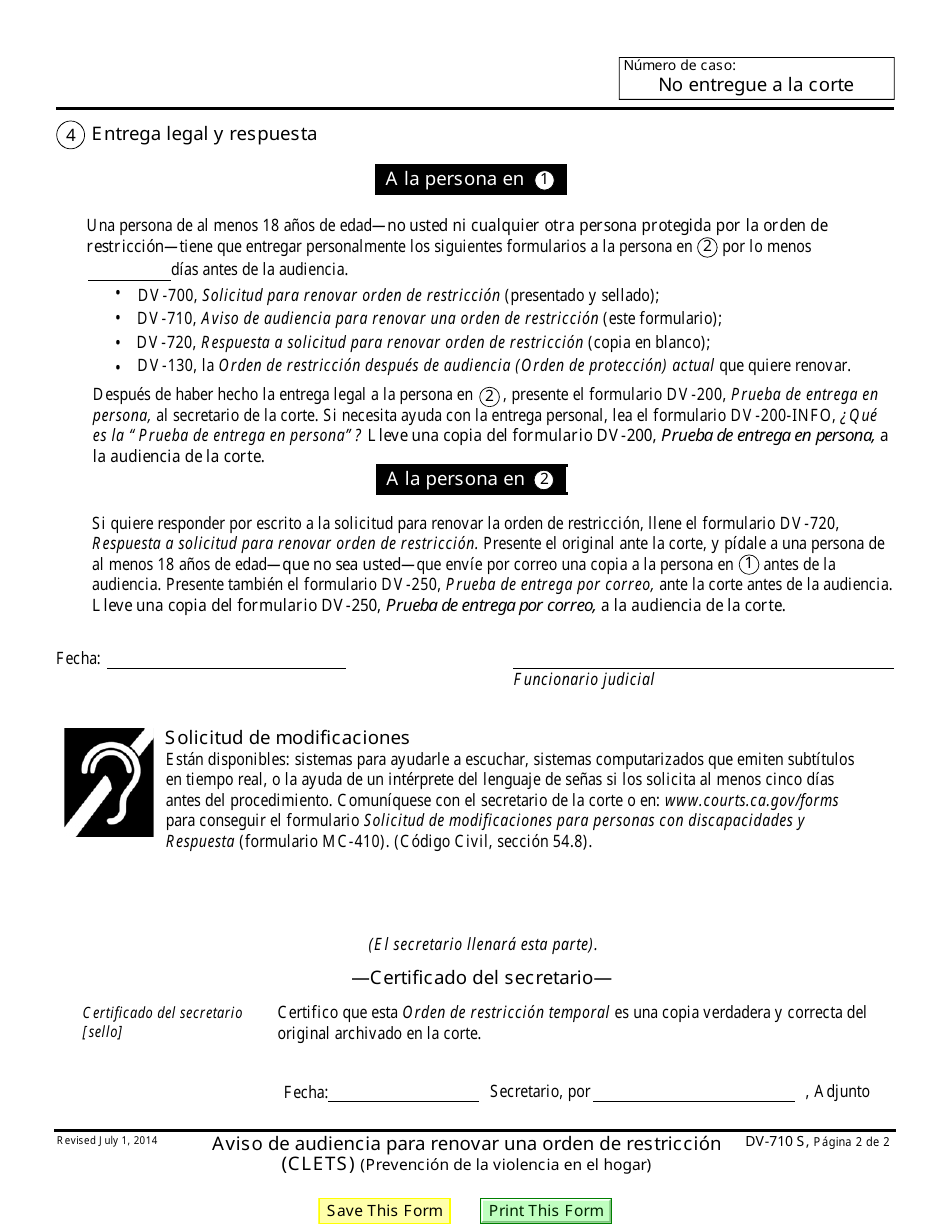 Formulario DV-710 S Aviso De Audiencia Para Renovar Una Orden De Restriccion - California (Spanish), Page 2