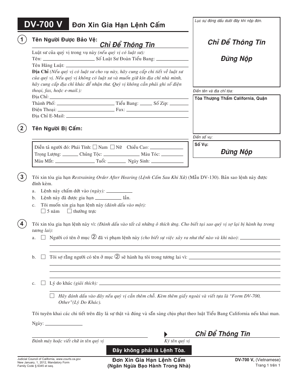 Form DV-700 V Request to Renew Restraining Order - California (Vietnamese), Page 1