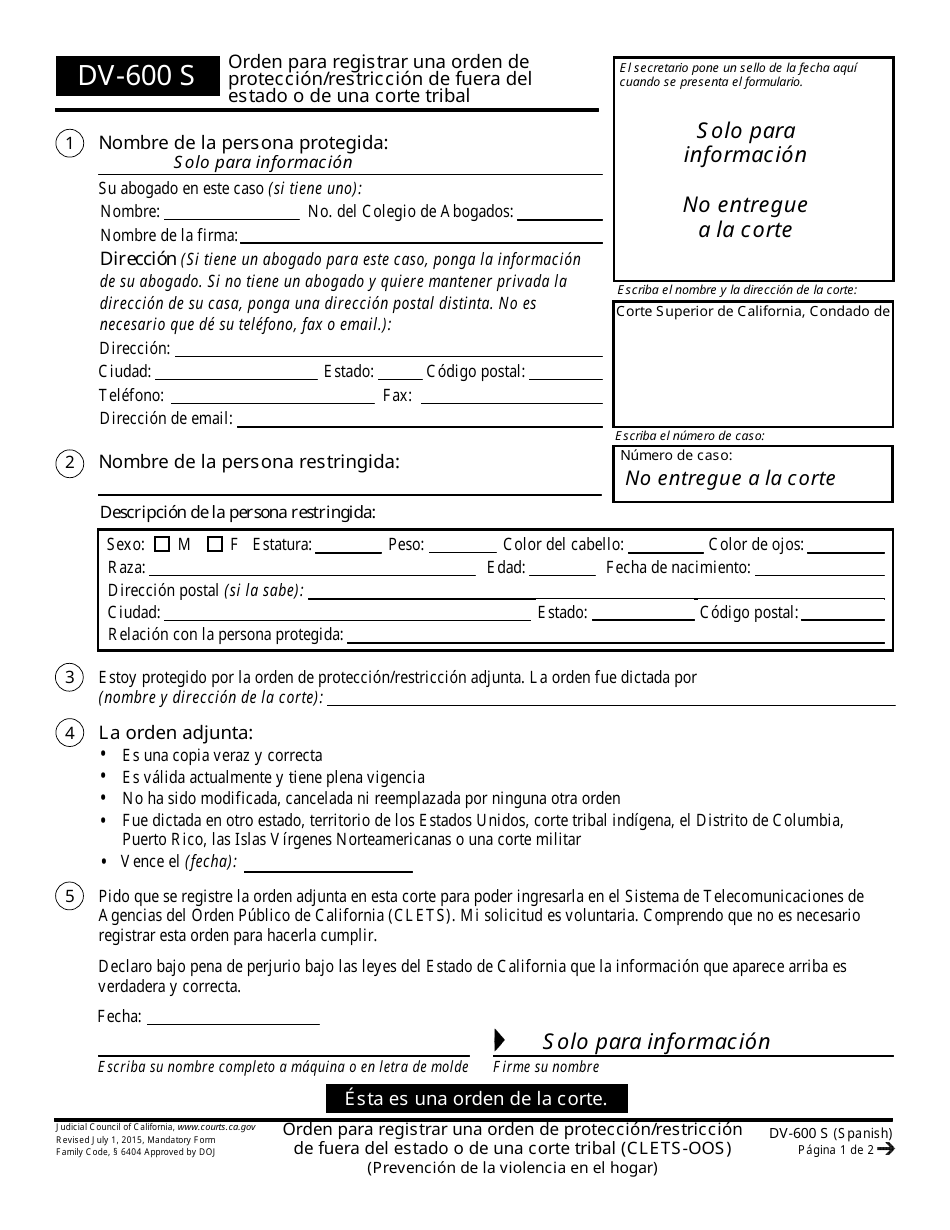 Formulario DV-600 S Orden Para Registrar Una Orden De Proteccion / Restriccion De Fuera Del Estado O De Una Corte Tribal - California (Spanish), Page 1