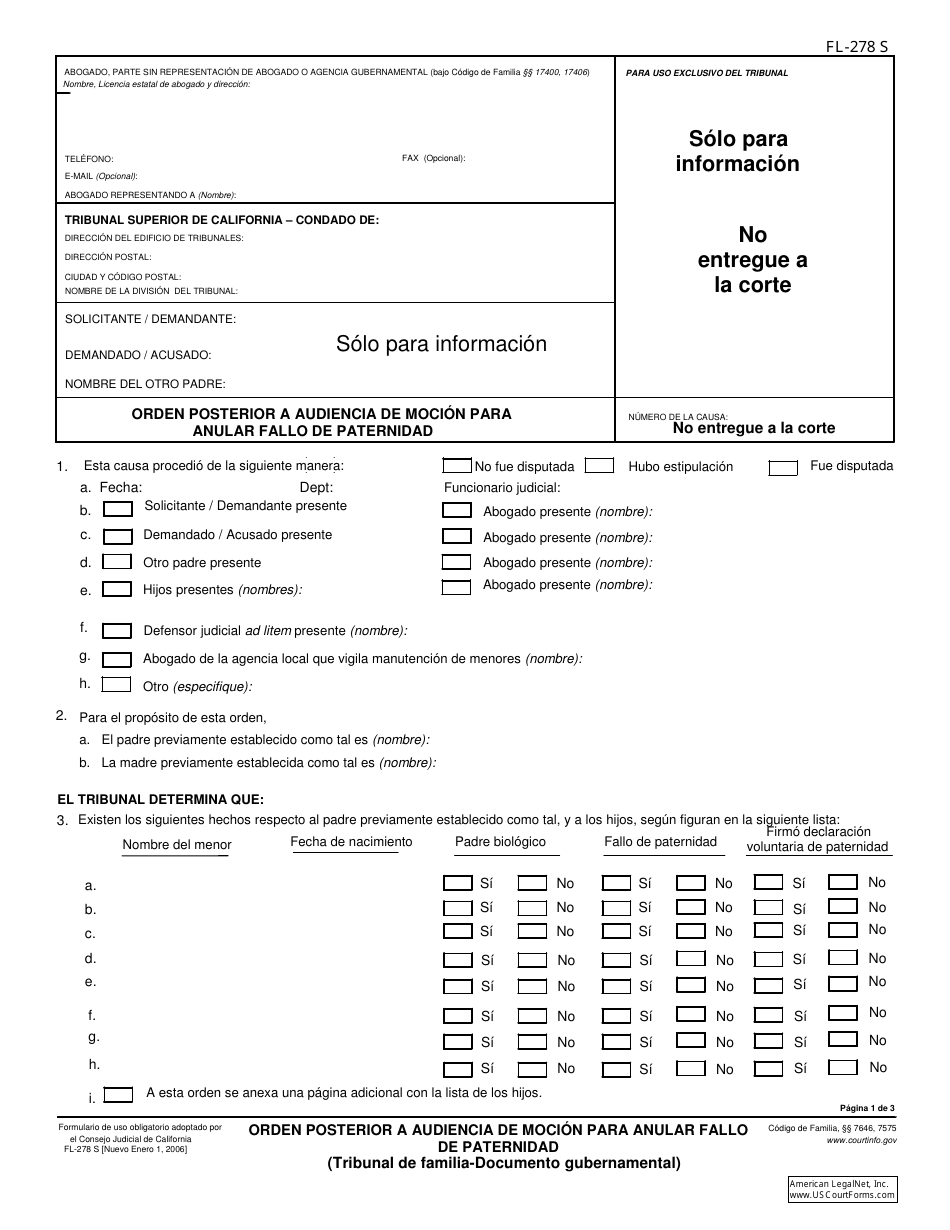 Formulario FL-278 S Orden Posterior a Audiencia De Mocion Para Anular Fallo De Paternidad - California (Spanish), Page 1