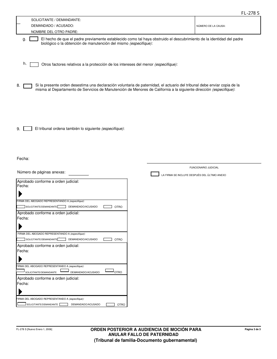 Formulario FL-278 S Orden Posterior a Audiencia De Mocion Para Anular Fallo De Paternidad - California (Spanish), Page 3