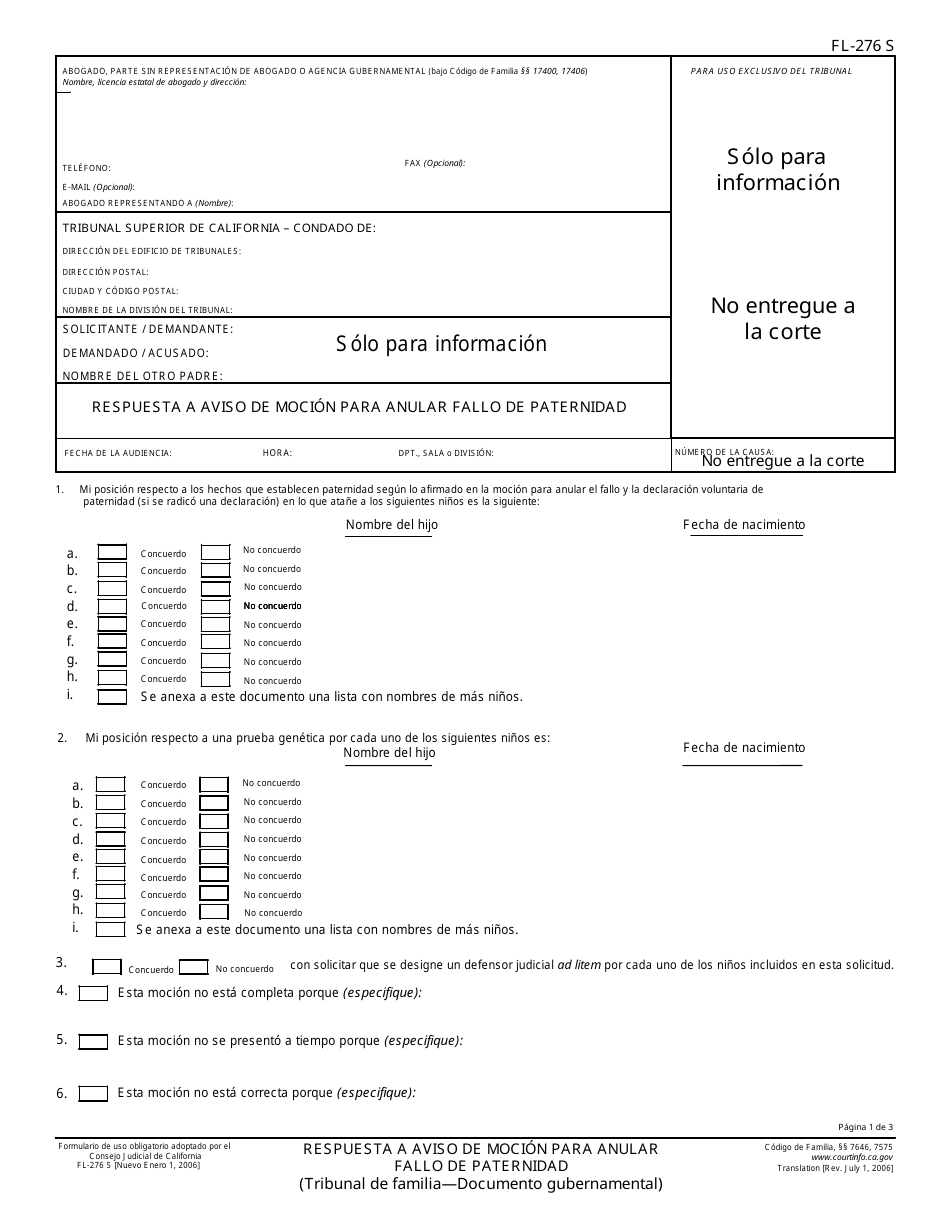 Formulario FL-276 S Respuesta a Aviso De Mocion Para Anular Fallo De Paternidad - California (Spanish), Page 1