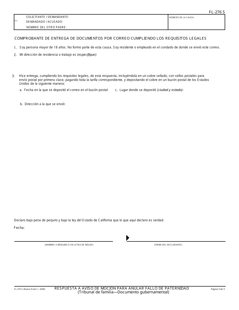 Formulario FL-276 S Respuesta a Aviso De Mocion Para Anular Fallo De Paternidad - California (Spanish), Page 3