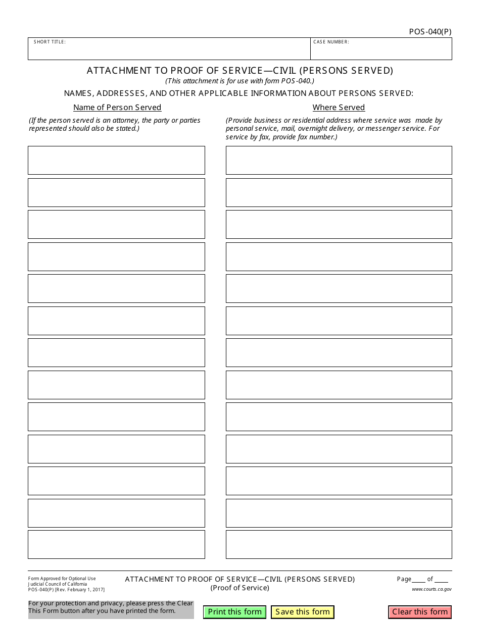 Form POS-040(P) Attachment to Proof of Service - Civil (Persons Served) - California, Page 1
